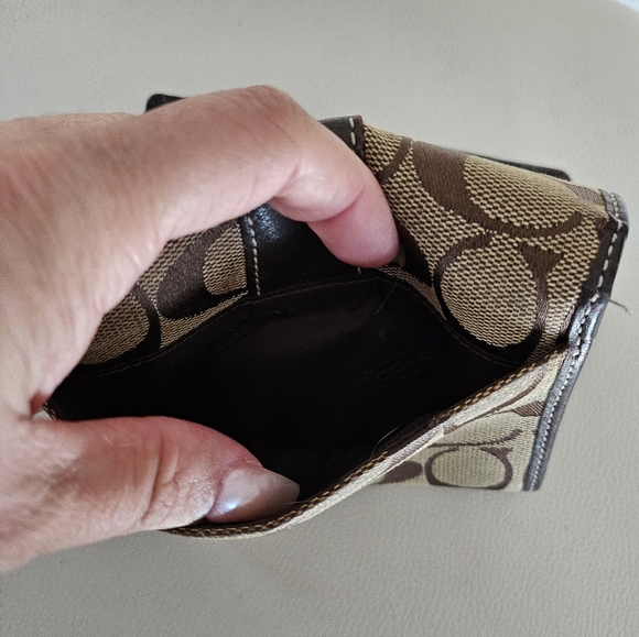 Coach Signature Canvas Leather Trim Trifold Brown Monogram Wallet - Picture 8 of 12